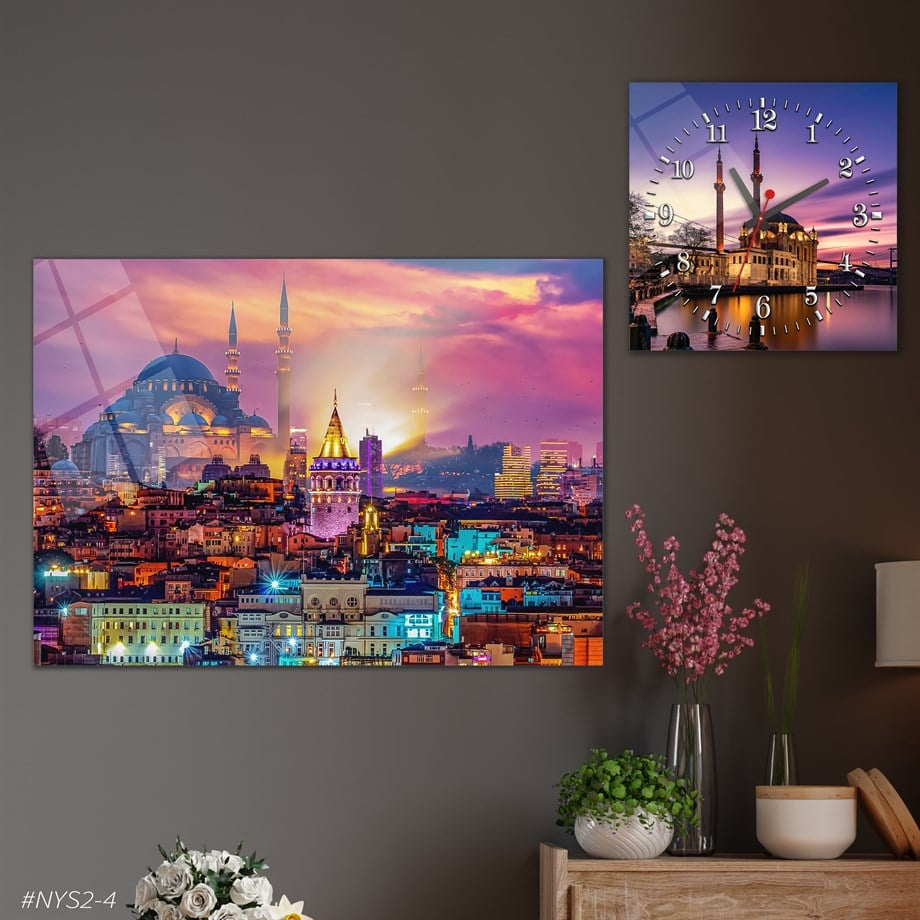 Tempered Glasss Wall Arts Religious-Themed Set with Square Clock