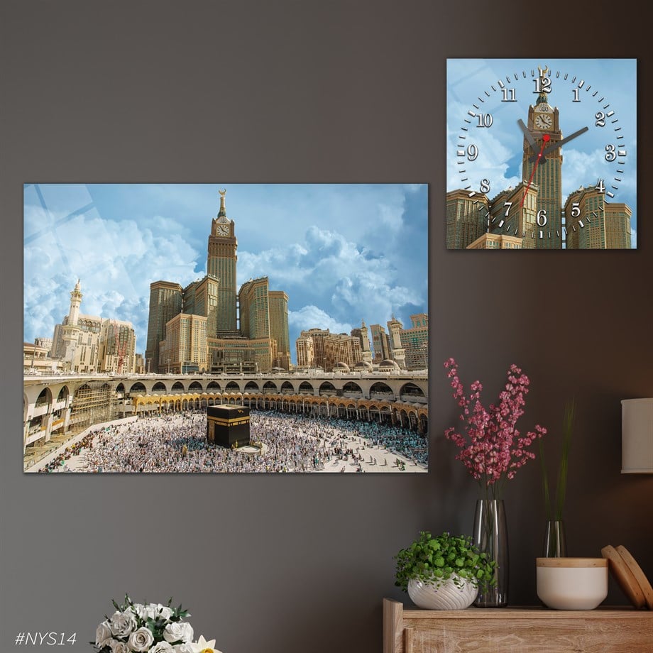 Tempered Glasss Wall Arts Religious-Themed Set with Square Clock