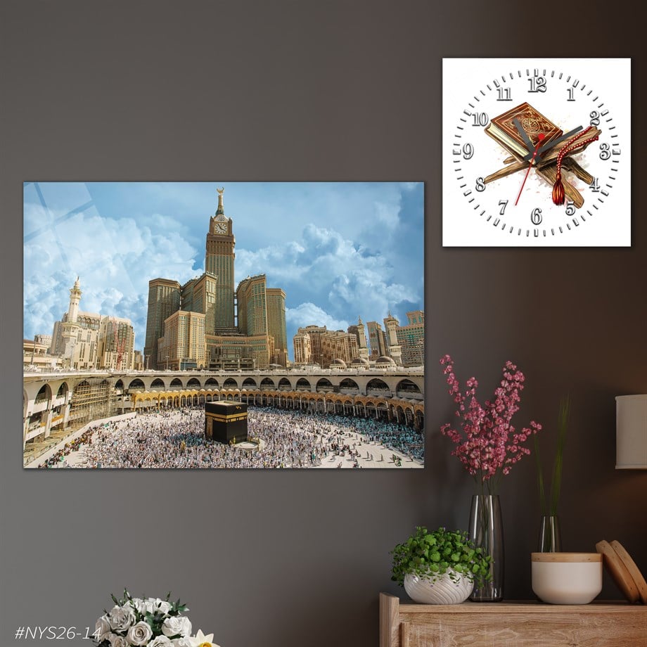 Tempered Glasss Wall Arts Religious-Themed Set with Square Clock