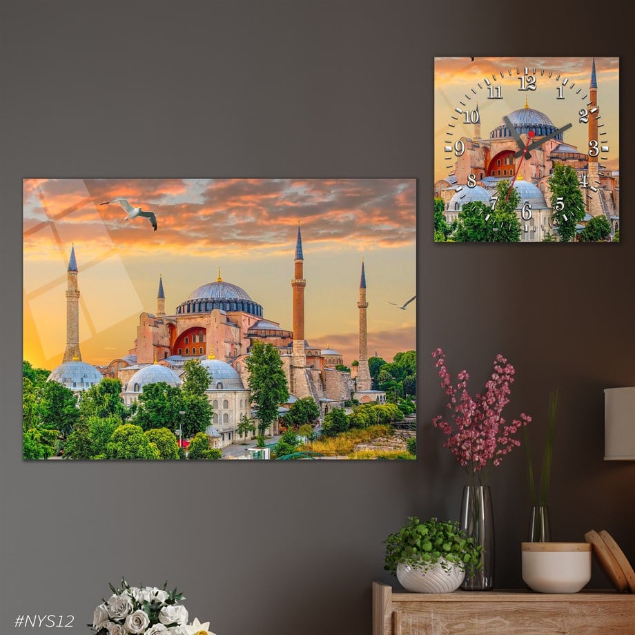 Tempered Glasss Wall Arts Religious-Themed Set with Square Clock