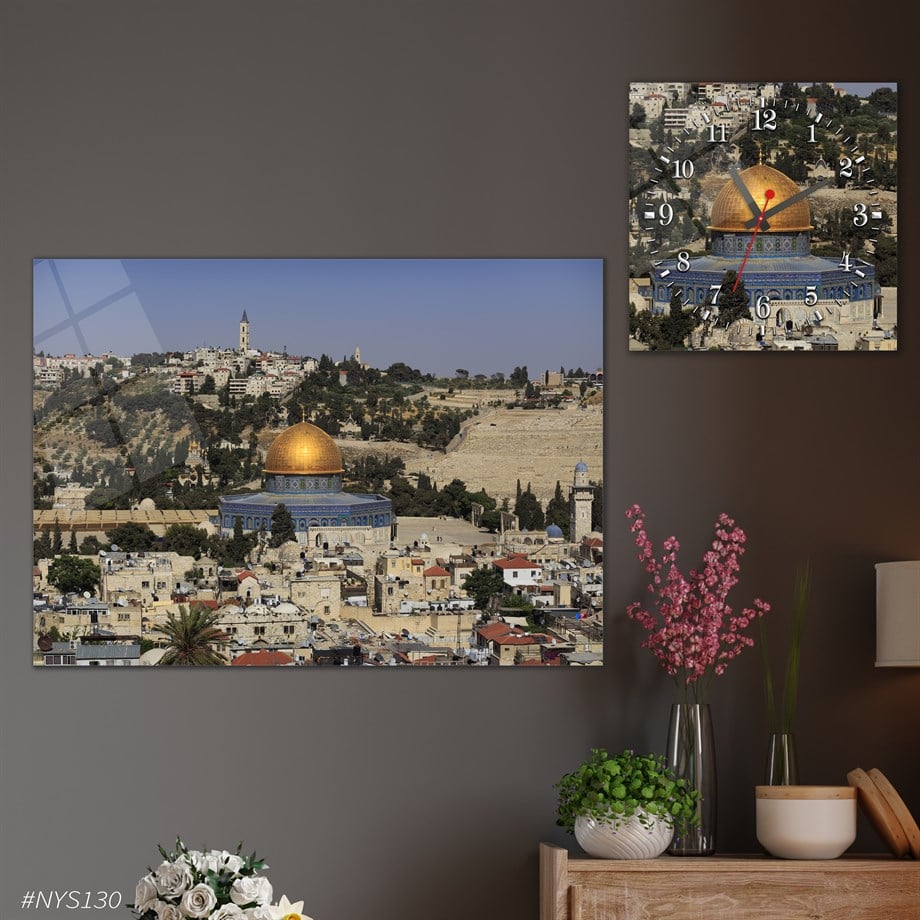 Tempered Glasss Wall Arts Religious-Themed Set with Square Clock