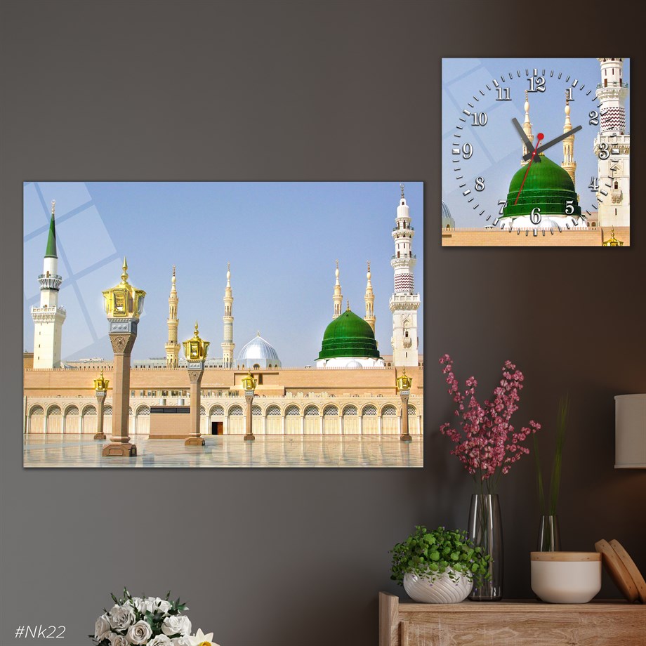 Tempered Glasss Wall Arts Religious-Themed Set with Square Clock