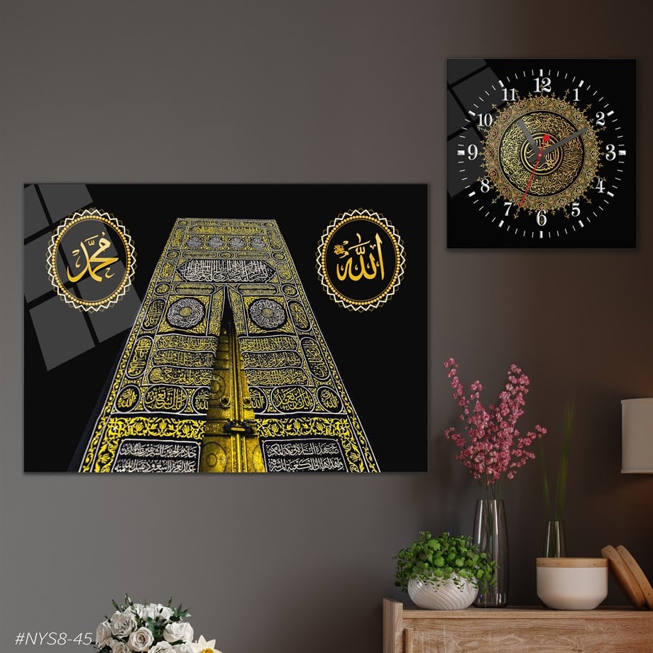 Tempered Glasss Wall Arts Religious-Themed Set with Square Clock