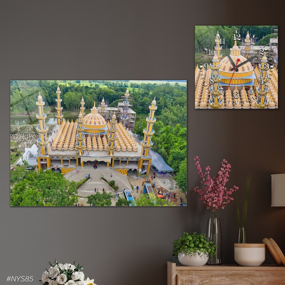 Tempered Glasss Wall Arts Religious-Themed Set with Square Clock