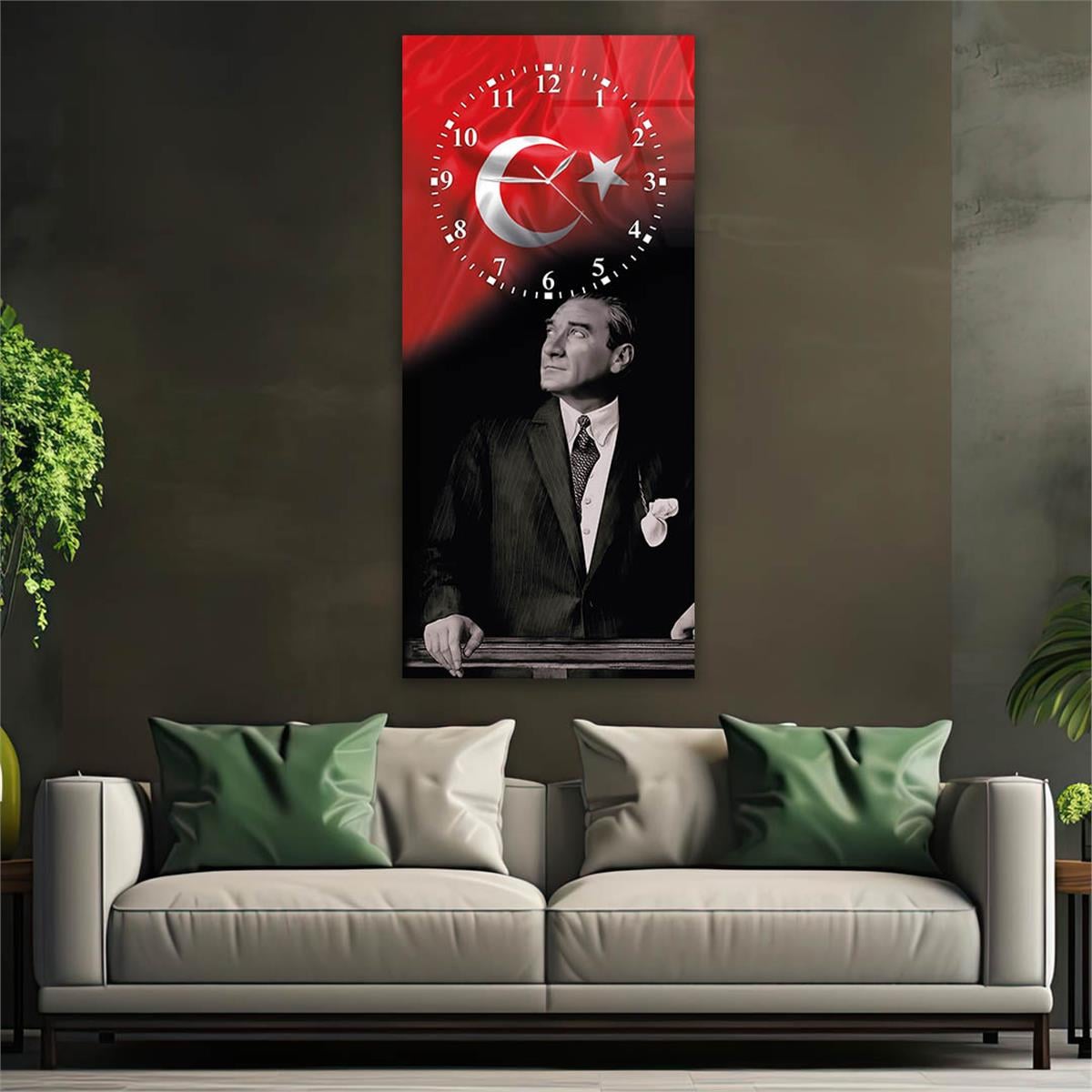 Vertical National Themed Glass Wall Art with Clock at the Top 007