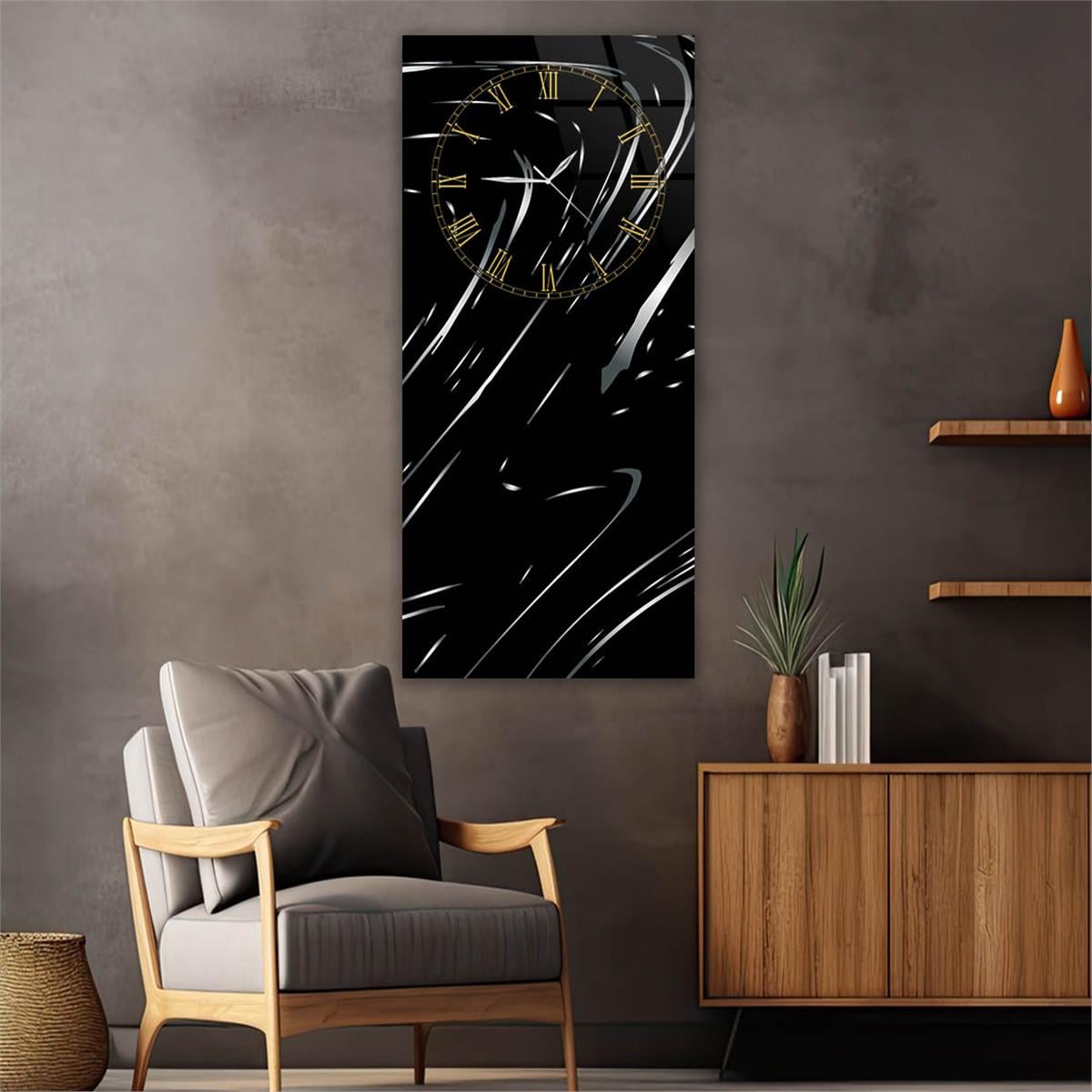 Dikey Üstten Saatli Sanat Temalı Cam Tablo 070