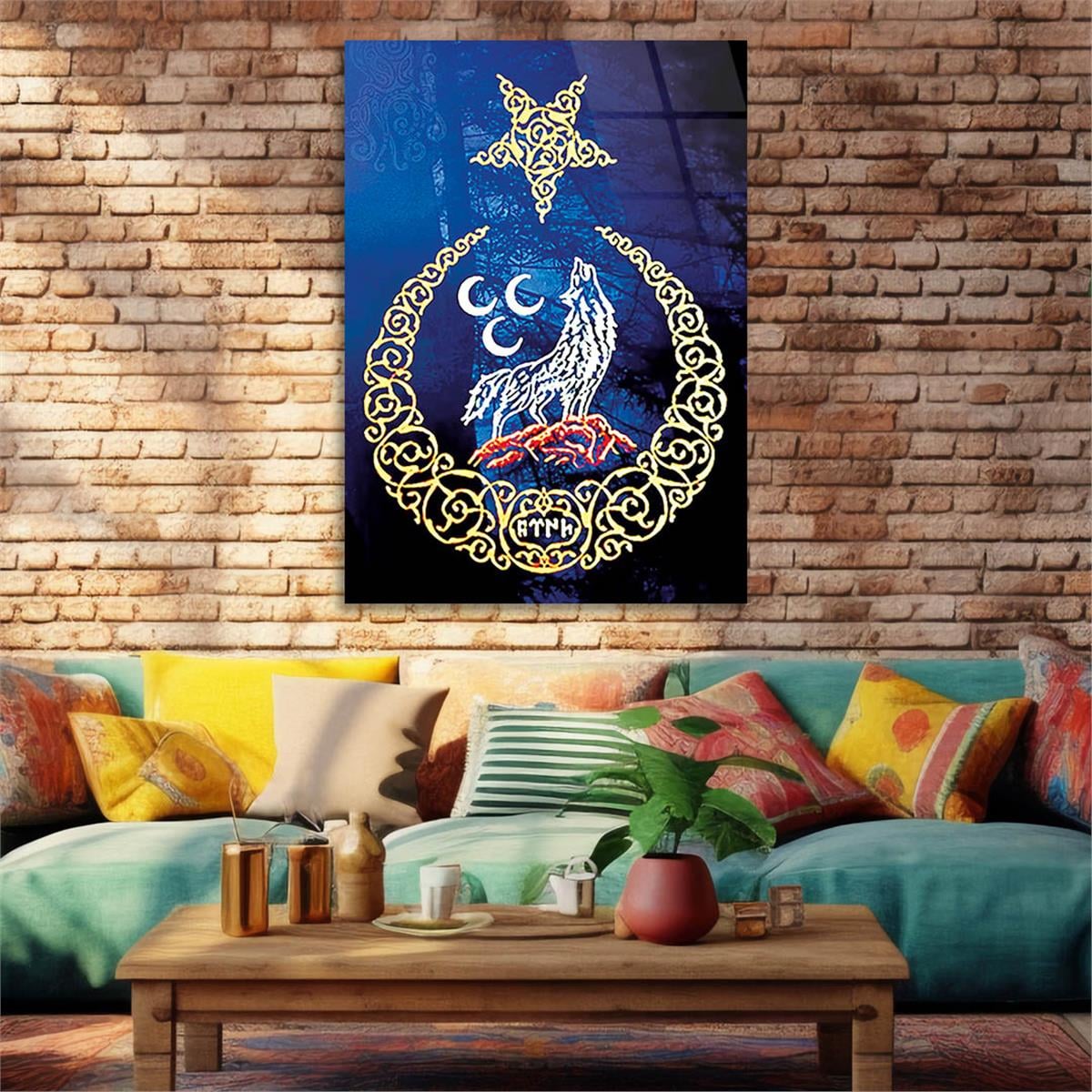 Moon and Star, Three Crescent Wolf Tempered Glass Wall Art 