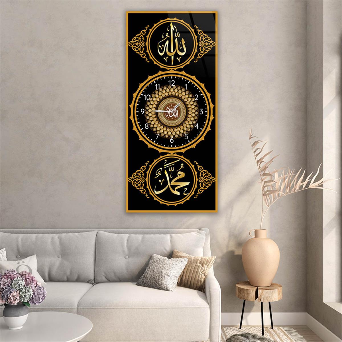 Vertical Religious Themed Glass Wall Art with Clock at the Center 015