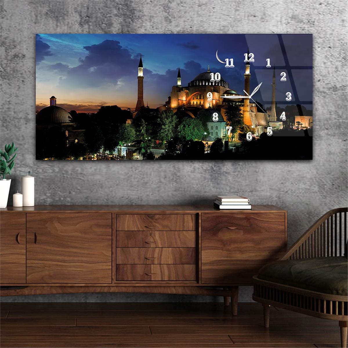 Yatay Saatli Yandan Sanat ve Doğa Temalı Cam Tablo 141