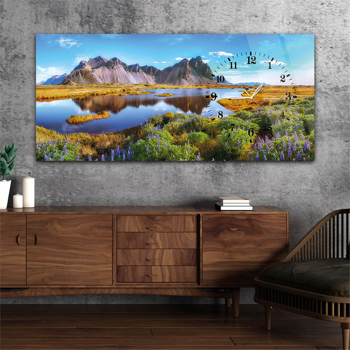 Side-Clock, Art And Nature-Themed Horizontal Glass Wall Painting 034