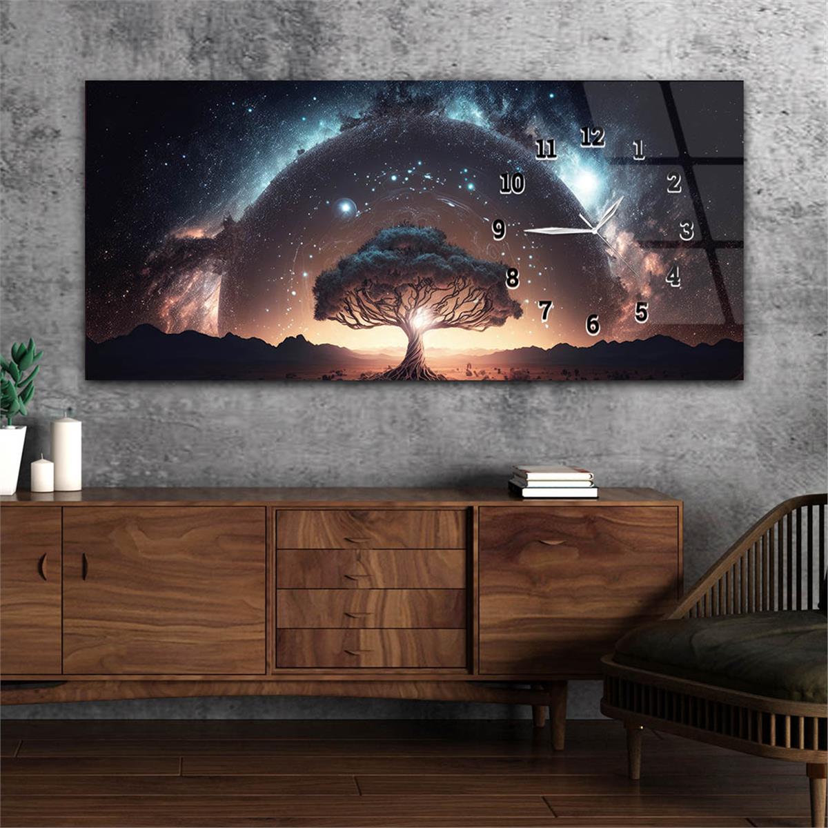 Yatay Saatli Yandan Sanat ve Doğa Temalı Cam Tablo 213