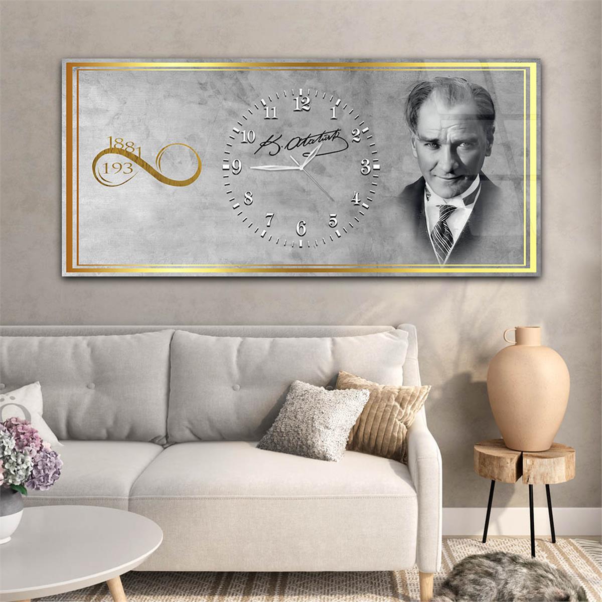 Yatay Ortadan Saatli  Vatan Temalı Cam Tablo 028