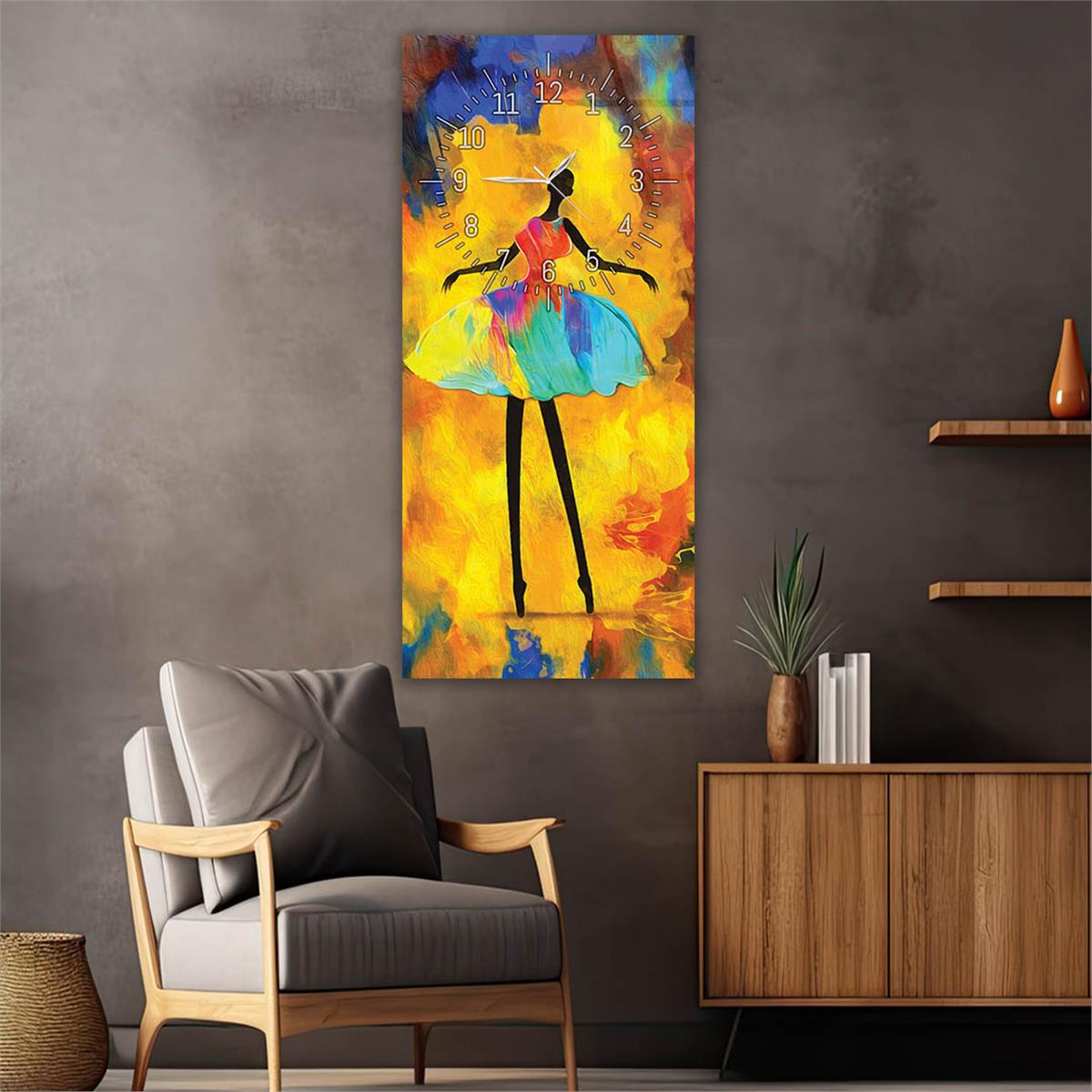 Dikey Üstten Saatli Sanat Temalı Cam Tablo 057
