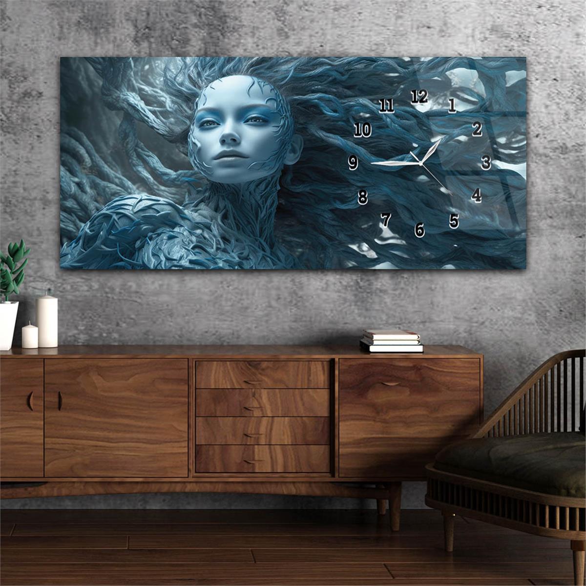 Modern Sanat Duvar Tablosu Yatay Saatli Yandan Sanat ve Doğa Temalı Cam Tablo 230