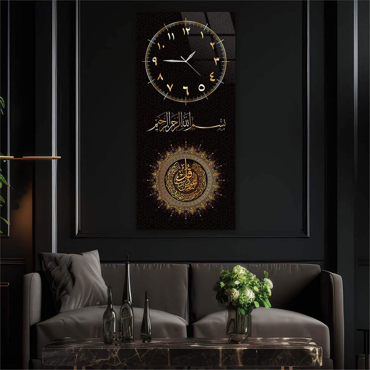 Vertical Religious Themed Glass Wall Art with Clock at the Top  009