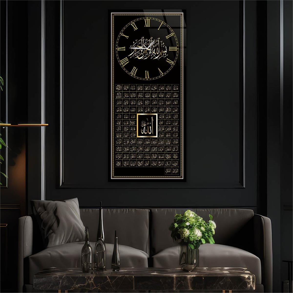 Vertical Religious Themed Glass Wall Art with Clock at the Top  006