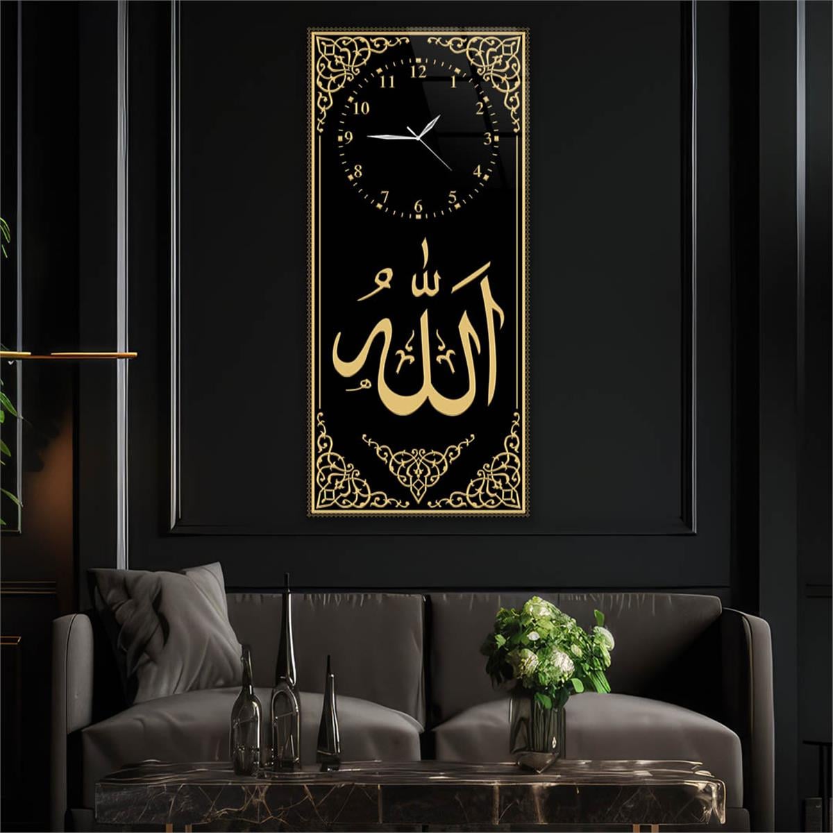 Vertical Religious Themed Glass Wall Art with Clock at the Top  013