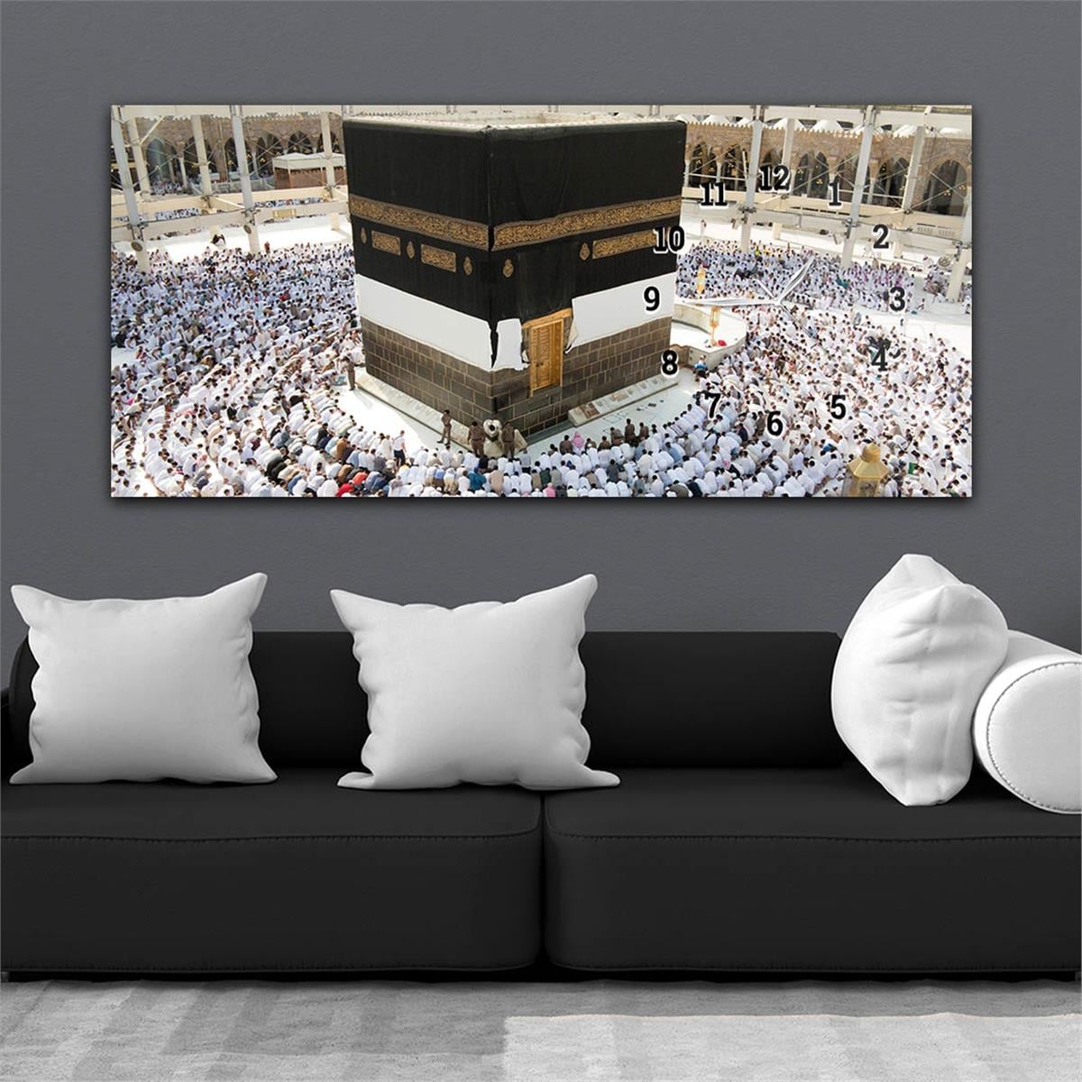 Kaaba Tavaf Horizontal bedrucktes Glas mit Religionenthema und einer Uhr an der Seite 066