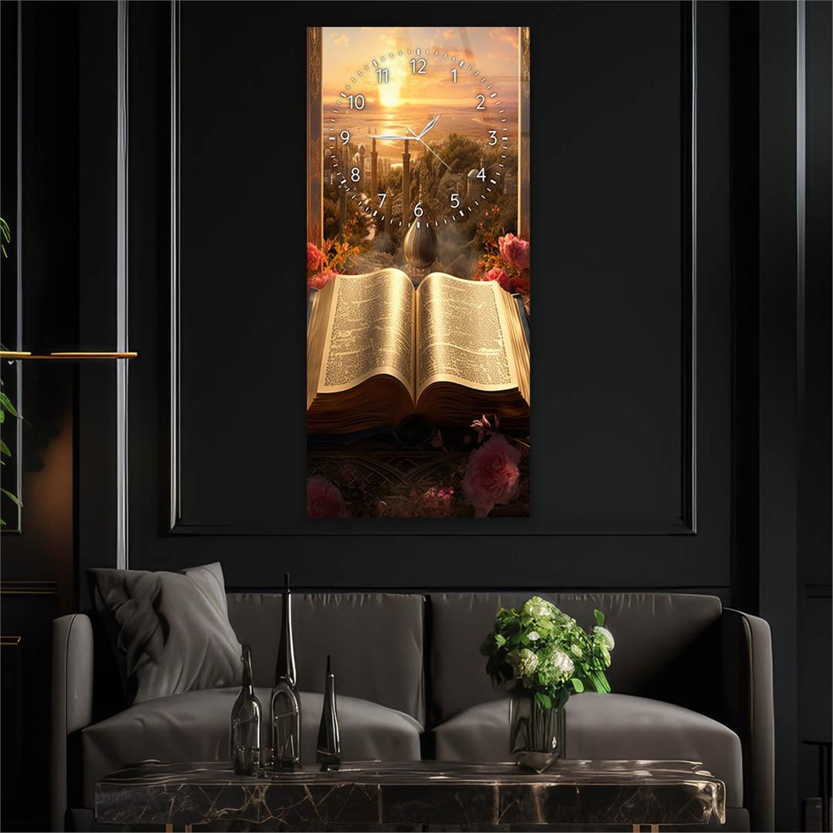 Vertical Religious Themed Glass Wall Art with Clock at the Top  022