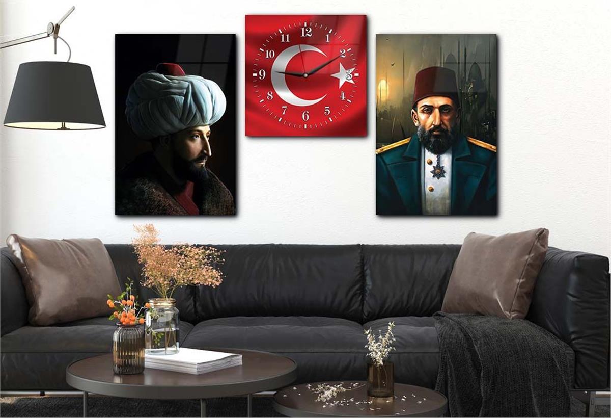 Fatih Sultan Mehmet KHan Sultan Abdulhamid Khan and Turkish Flag Tempered Glass Wall Art Set with Clock