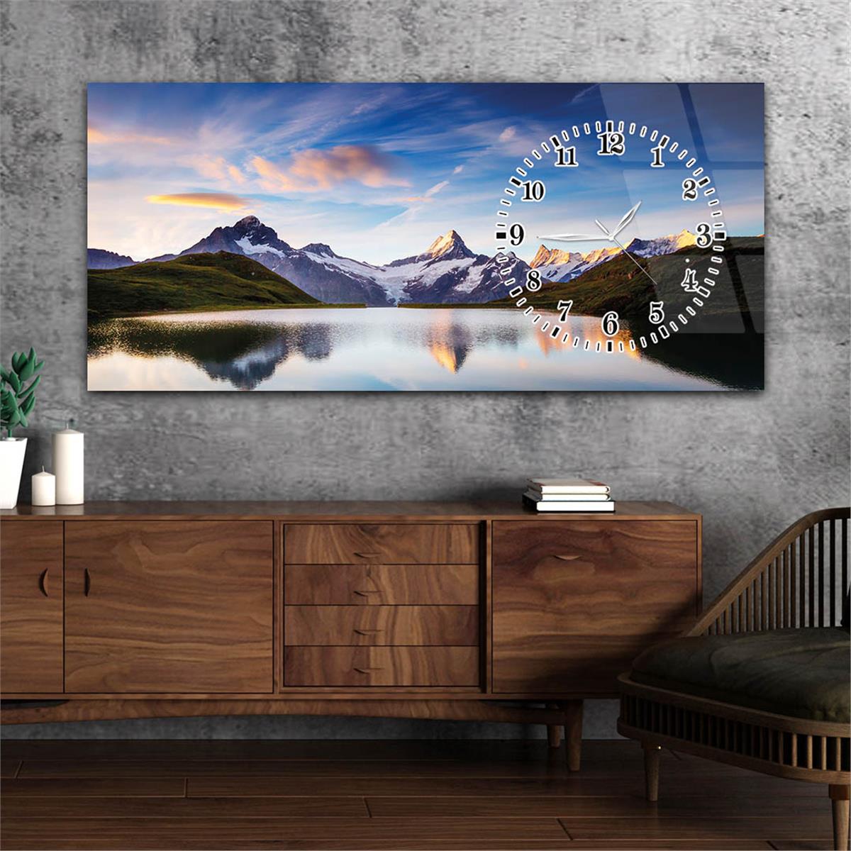 Yatay Saatli Yandan Sanat ve Doğa Temalı Cam Tablo 094