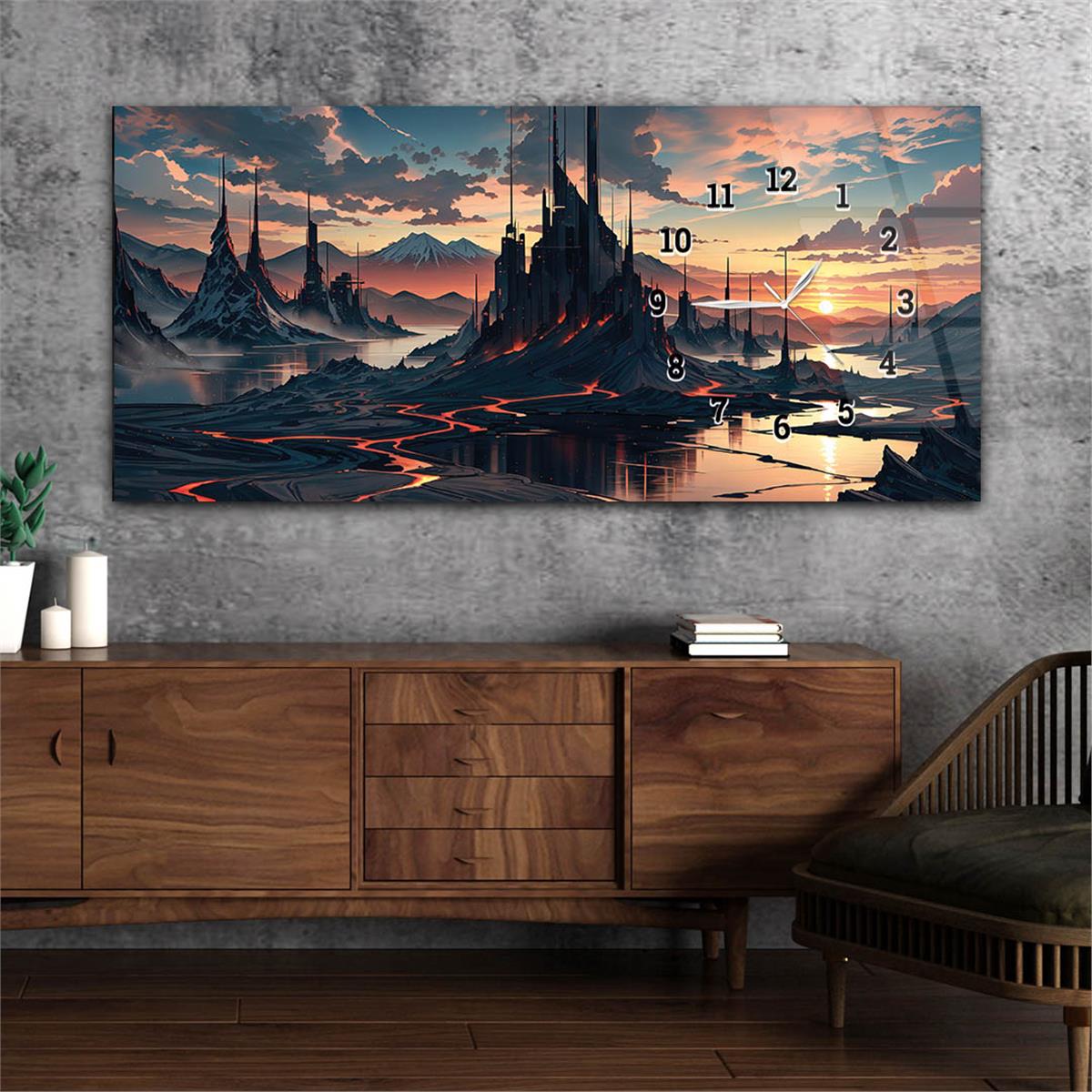 Yatay Saatli Yandan Sanat ve Doğa Temalı Cam Tablo 205