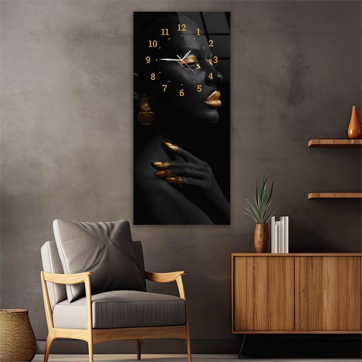 Dikey Üstten Saatli Sanat Temalı Cam Tablo 077