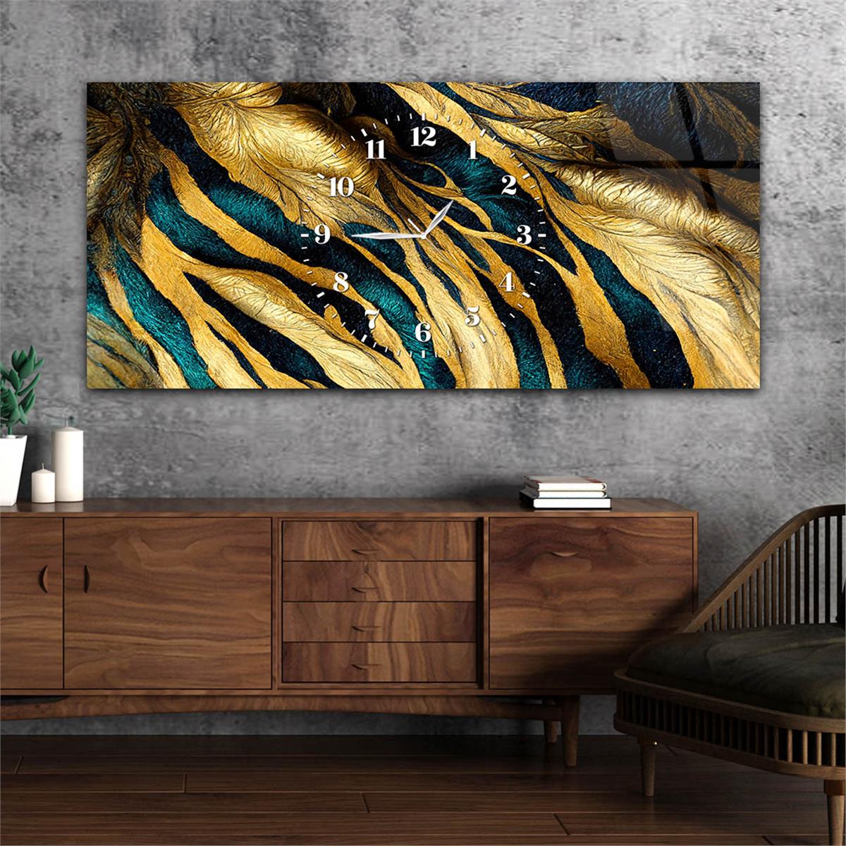 Mavi ve Gold Renkli, Çizgi ve Yaprak Desenli Saatli Cam Tablo