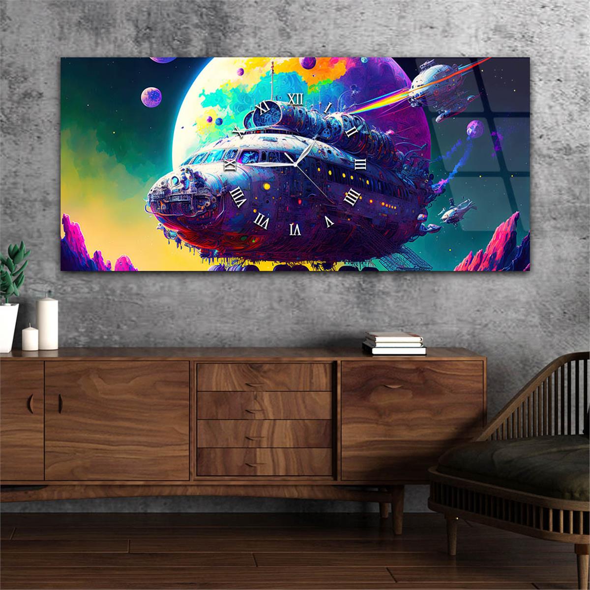 Yatay Ortadan Saatli  Sanat ve Doğa Temalı Cam Tablo 045