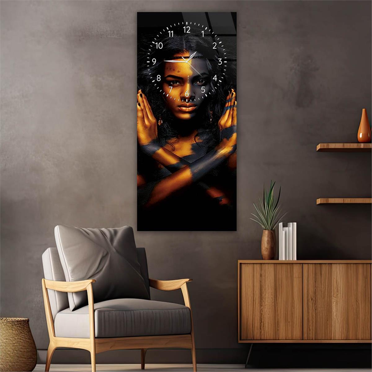 Tableau en verre à thème art et nature vertical avec horloge en haut 036