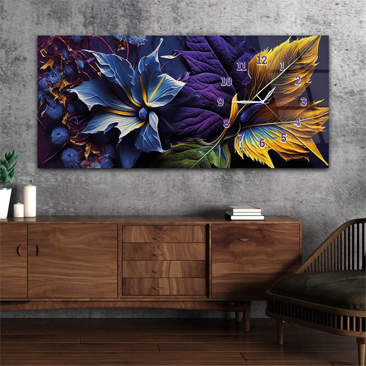 Yatay Saatli Yandan Sanat ve Doğa Temalı Cam Tablo 192