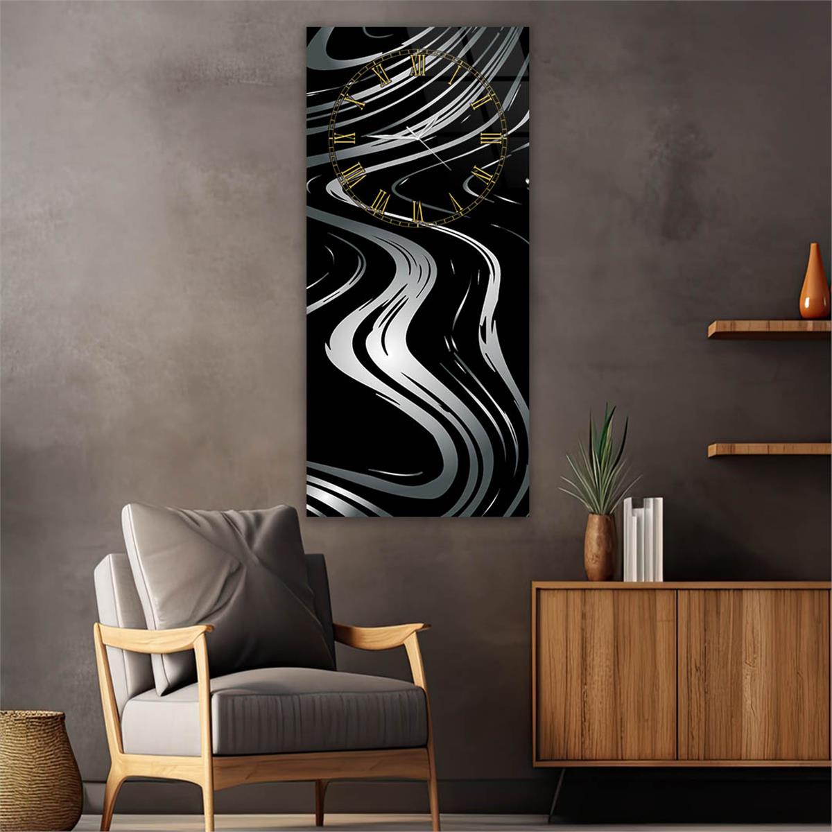 Dikey Üstten Saatli Sanat Temalı Cam Tablo 072