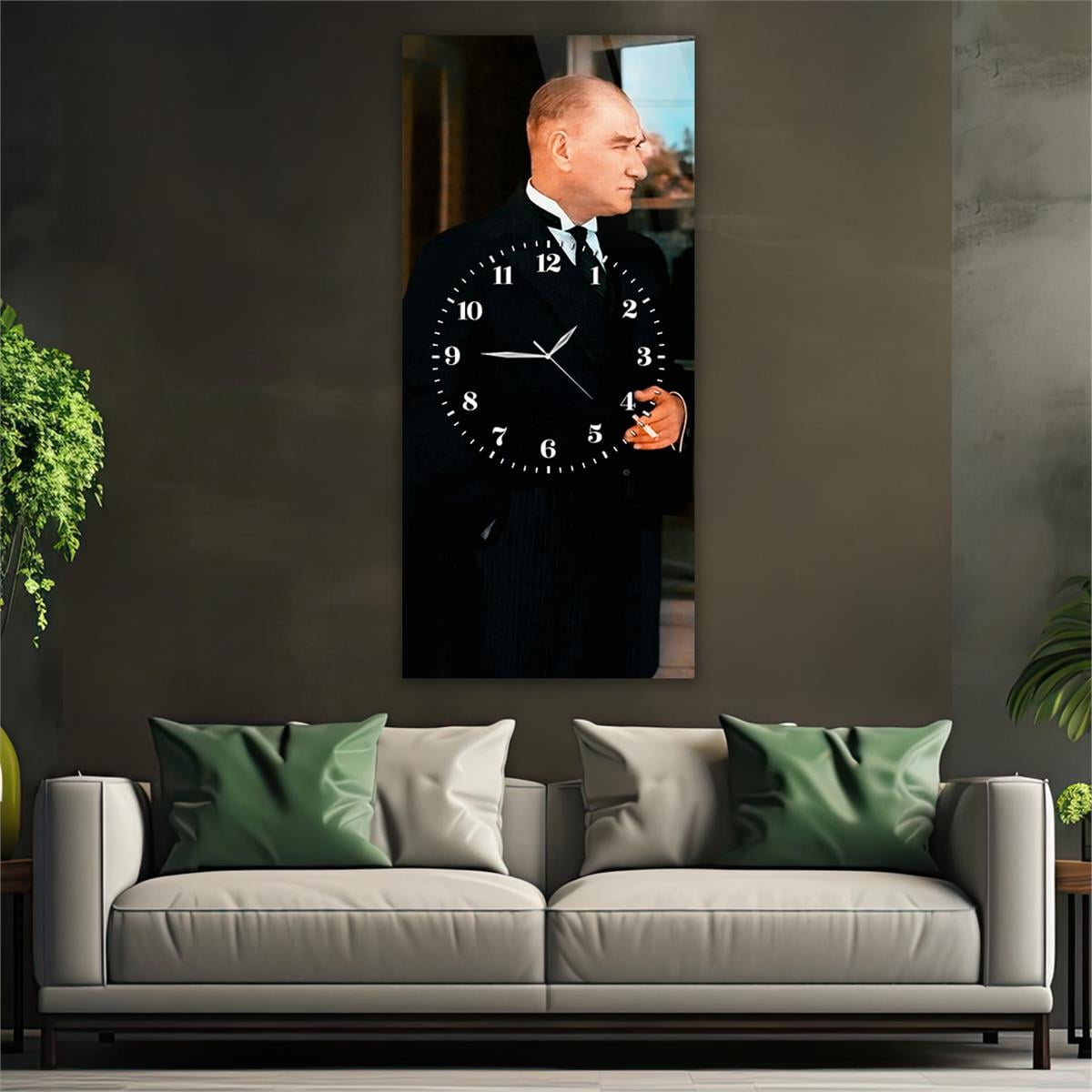 Dikey Ortadan Saatli Vatan Temalı Cam Tablo 002