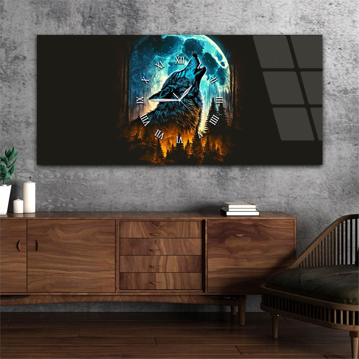 Yatay Ortadan Saatli  Sanat ve Doğa Temalı Cam Tablo 051