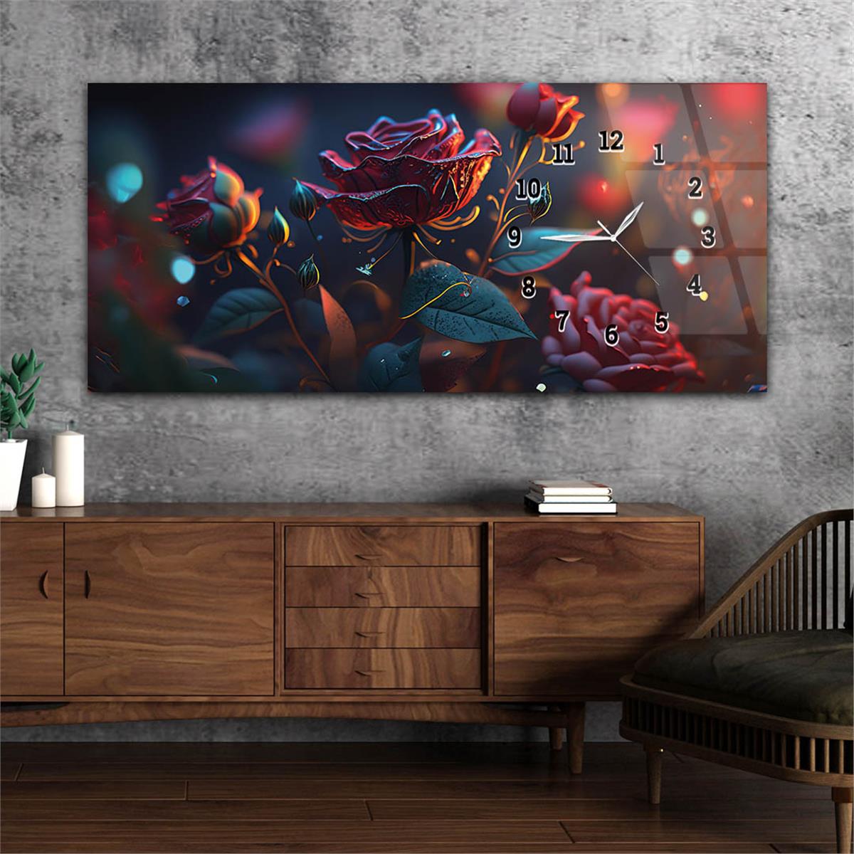 Yatay Saatli Yandan Sanat ve Doğa Temalı Cam Tablo 195