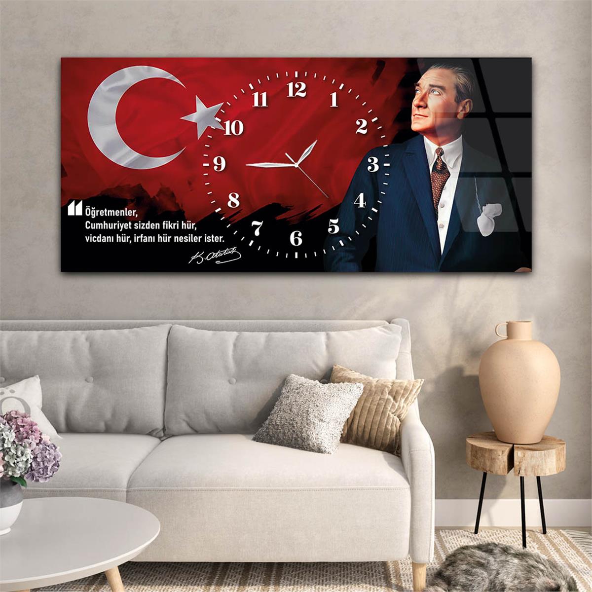 Yatay Saatli Ortadan Vatan Temalı Cam Tablo 151