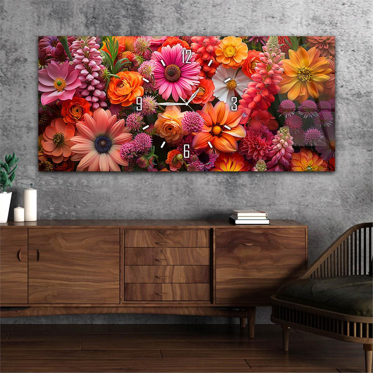 Renkli Çiçekli Saatli Cam Tablo