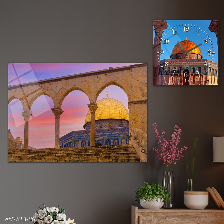 Tempered Glasss Wall Arts Religious-Themed Set with Square Clock