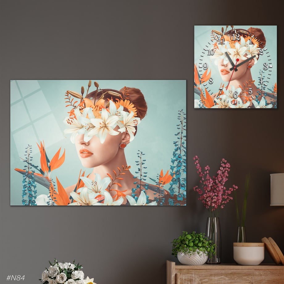 Tempered Glasss Wall Arts Art-Themed Set with Square Clock