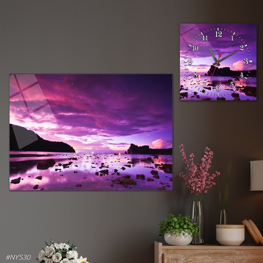 Tempered Glasss Wall Arts Art-Themed Set with Square Clock