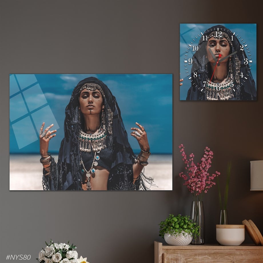 Tempered Glasss Wall Arts Art-Themed Set with Square Clock