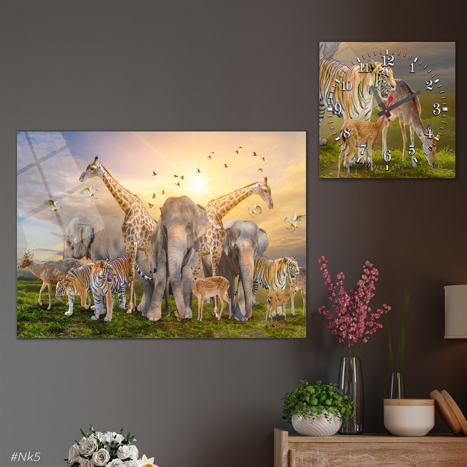 Tempered Glasss Wall Arts Art-Themed Set with Square Clock