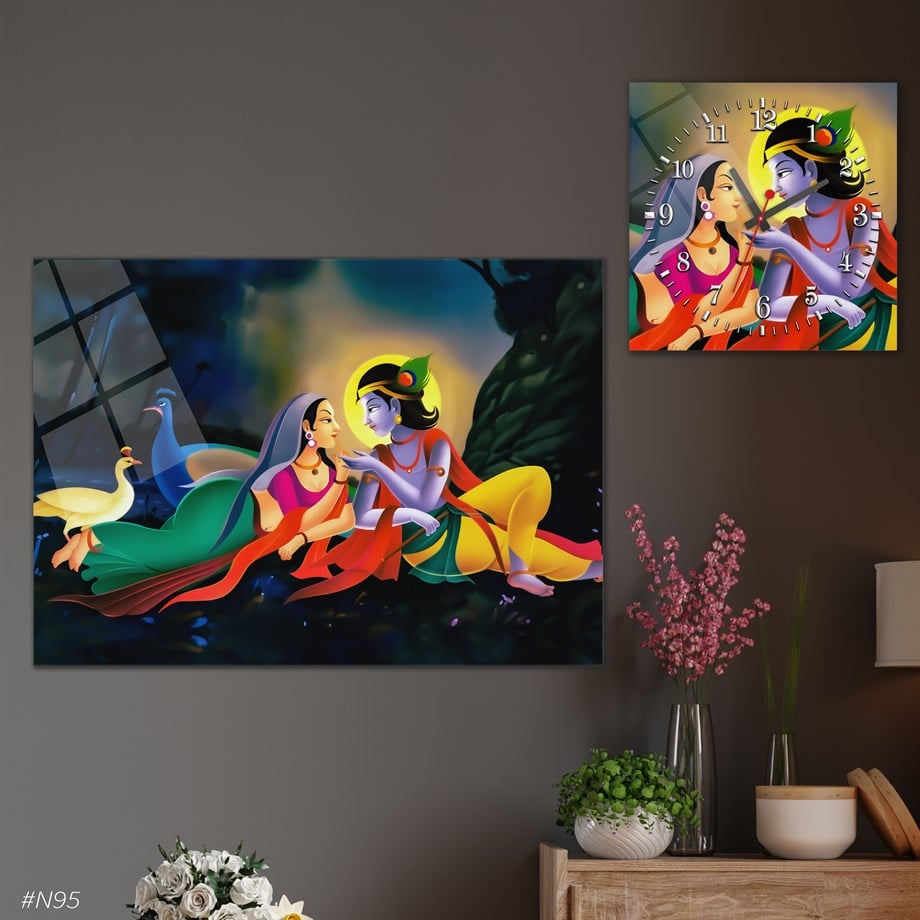Tempered Glasss Wall Arts Art-Themed Set with Square Clock