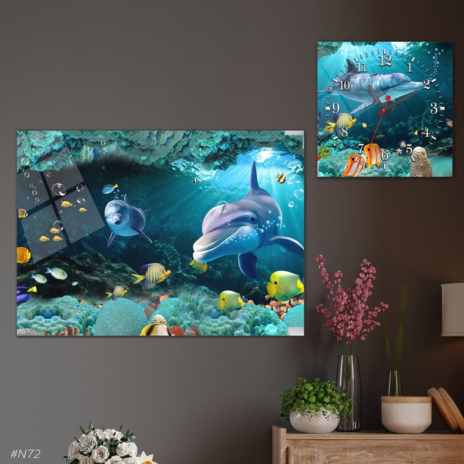 Tempered Glasss Wall Arts Art-Themed Set with Square Clock