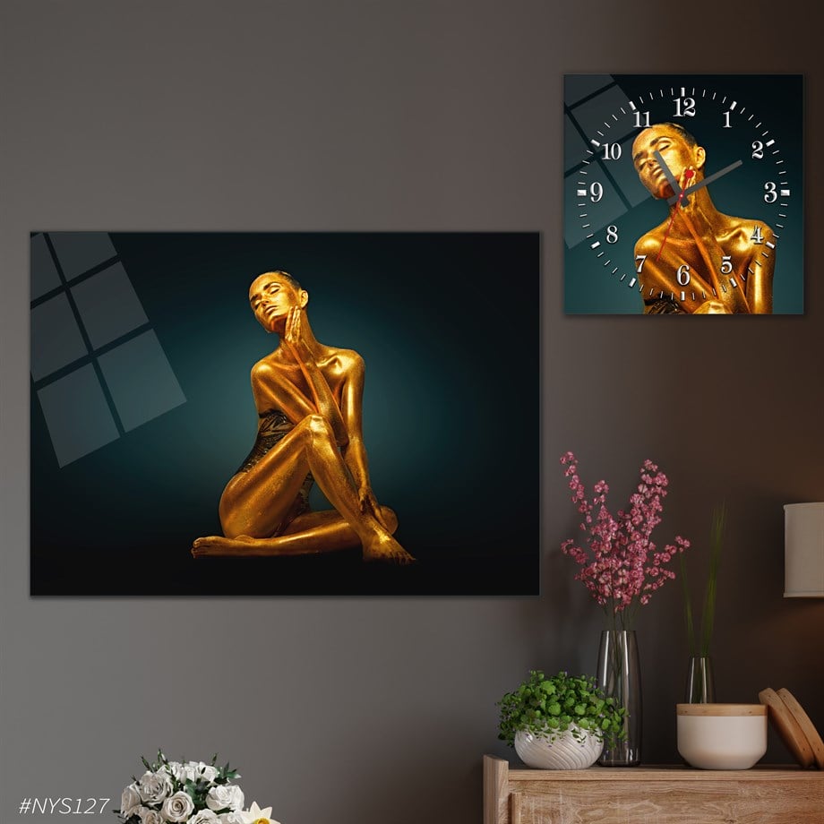 Tempered Glasss Wall Arts Art-Themed Set with Square Clock
