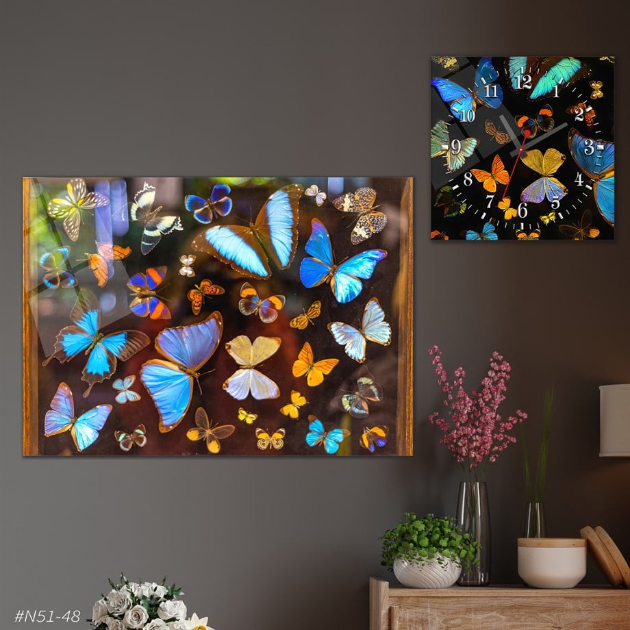 Tempered Glasss Wall Arts Art-Themed Set with Square Clock