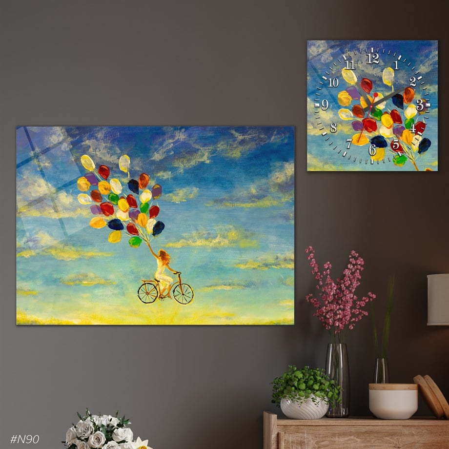 Tempered Glasss Wall Arts Art-Themed Set with Square Clock