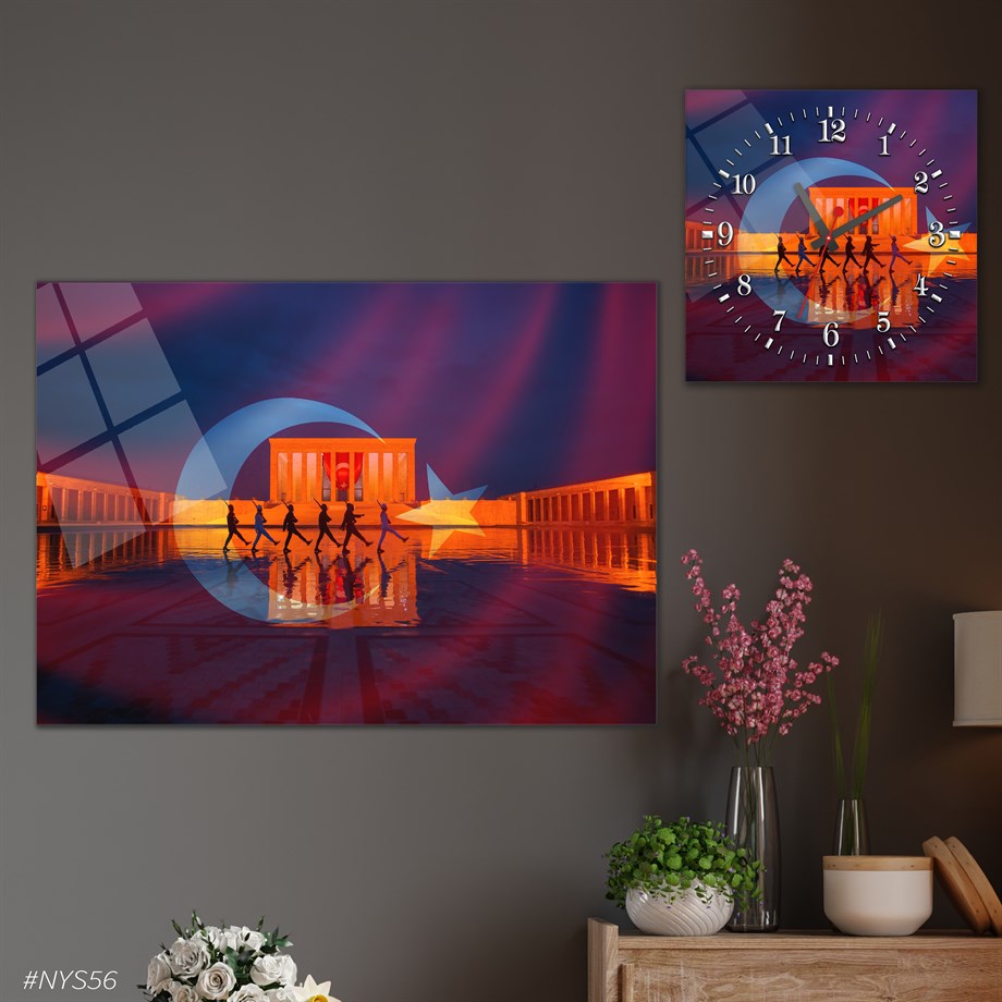 Tempered Glasss Wall Arts Art-Themed Set with Square Clock