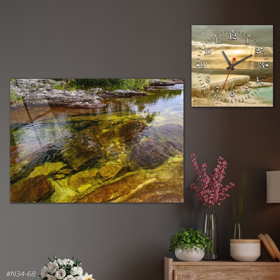 Tempered Glasss Wall Arts Art-Themed Set with Square Clock