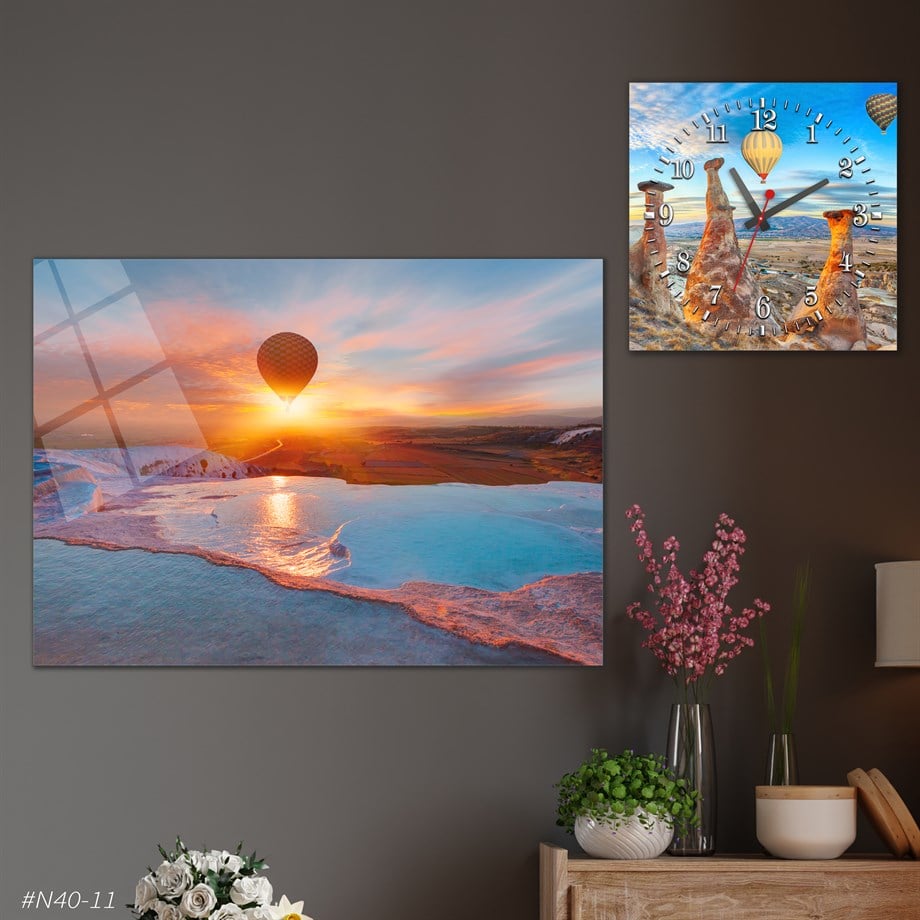 Sanat Temalı Cam Tablo Kare Cam Saat Seti